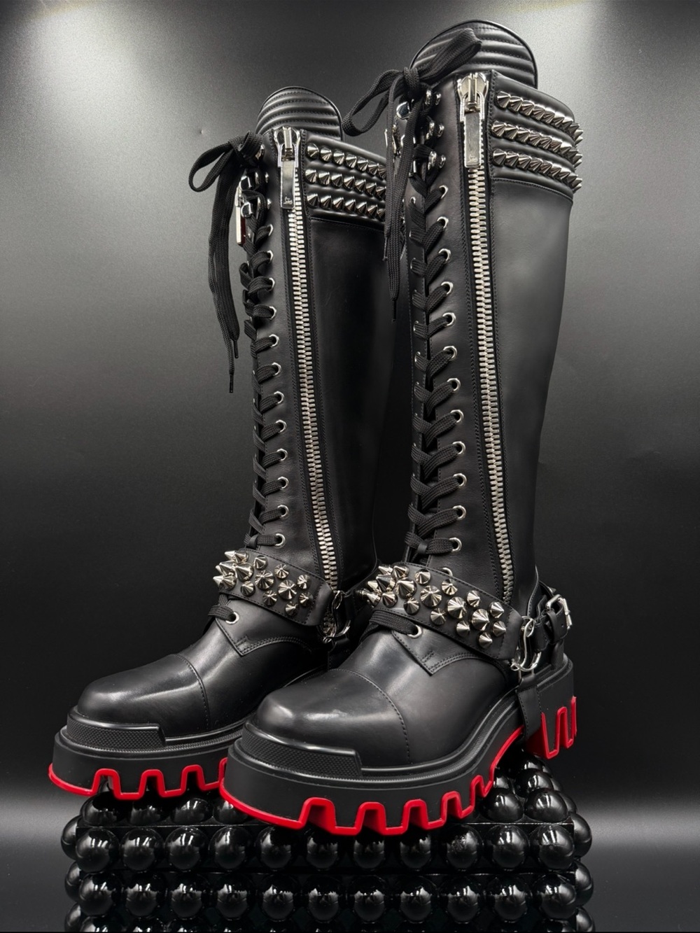Christian Louboutin Black Over-the-Knee Lace-Up Combat Boots with Red Lug Sole